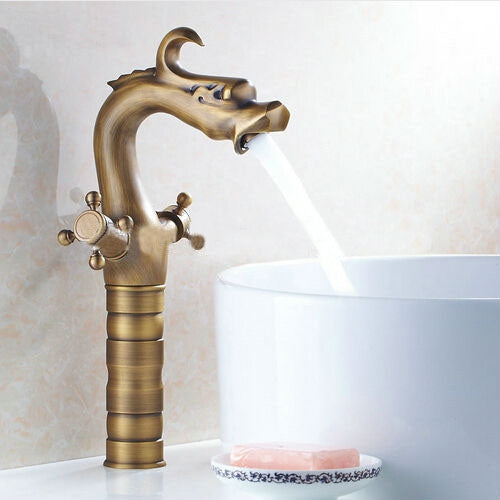 Antique Brass Dragon-Head Bathroom Deck Mounted Faucet