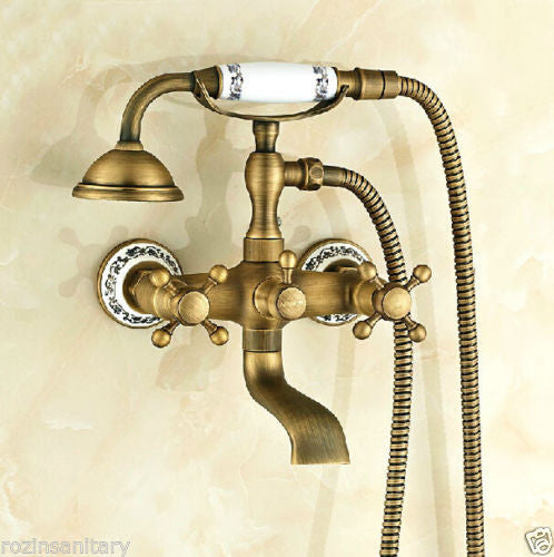 Antique Brass Wall Mount Clawfoot Bathtub Faucet + Hand Shower