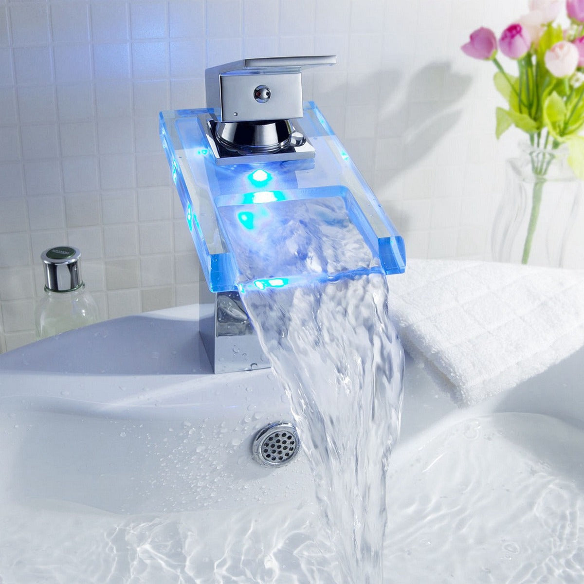 Juno 8" Widespread Single Handle Chrome Finish Color Changing LED Waterfall Bathroom Sink Faucet