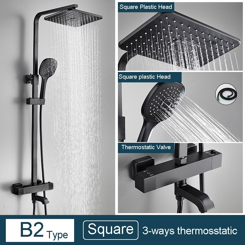 Juno 3 Way Matte Black Rainfall Thermostatic Bathroom Shower Column
