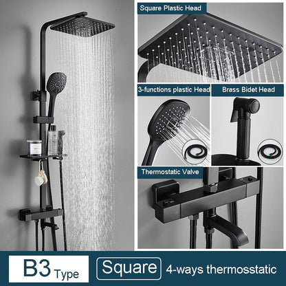 Juno 3 Way Matte Black Rainfall Thermostatic Bathroom Shower Column