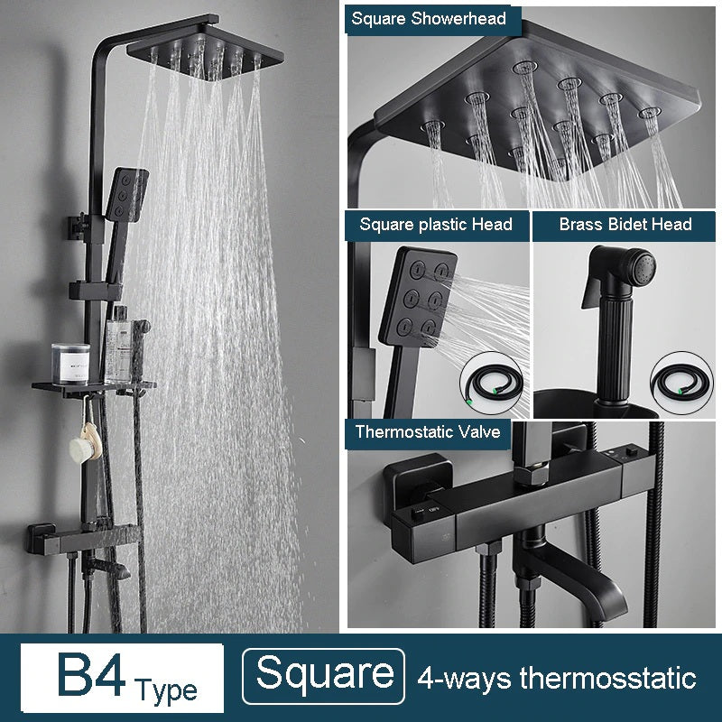 Juno 3 Way Matte Black Rainfall Thermostatic Bathroom Shower Column
