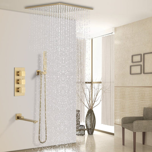 Juno Thermostatic Square Rainfall Style Wall Embedded Gold Shower Faucet Set With Tub Spout