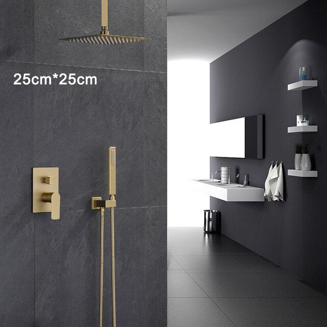 Juno Brushed Gold Square Rainfall Shower Head with Shower Faucet