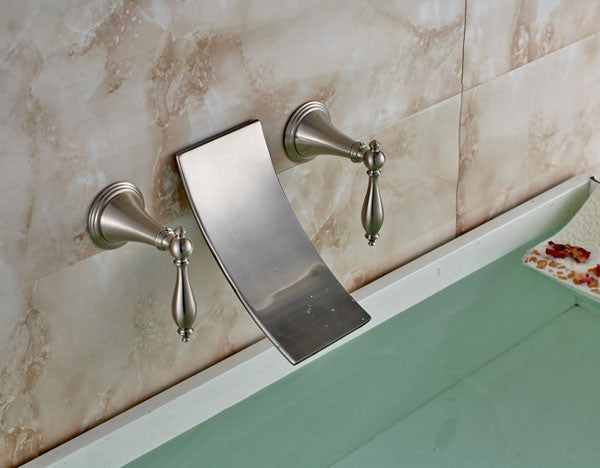 Brushed Wall Mount Bathroom Bath Sink Waterfall Dual Handl Faucet