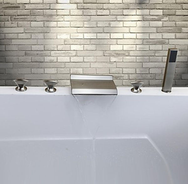 Triple Handle Brushed Waterfall Bathtub Filler with Square Hand Held Shower