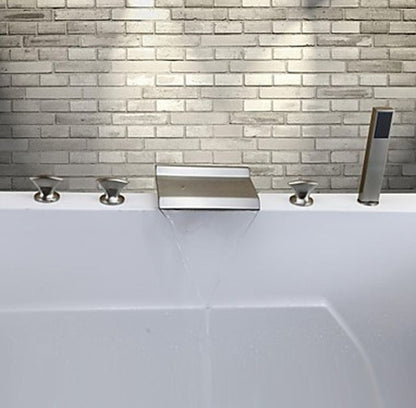Triple Handle Brushed Waterfall Bathtub Filler with Square Hand Held Shower
