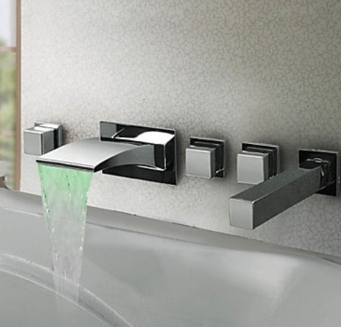 Beautiful Square Handle LED Widespread Bathroom Bathtub Faucet with Hand Held Shower 