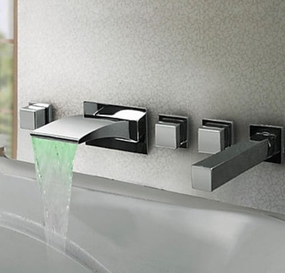 Beautiful Square Handle LED Widespread Bathroom Bathtub Faucet with Hand Held Shower 