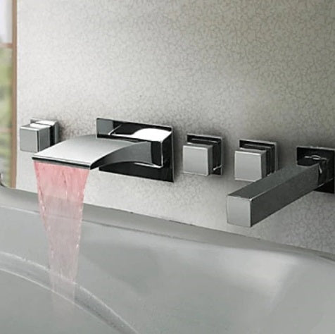Beautiful Square Handle LED Widespread Bathroom Bathtub Faucet with Hand Held Shower 