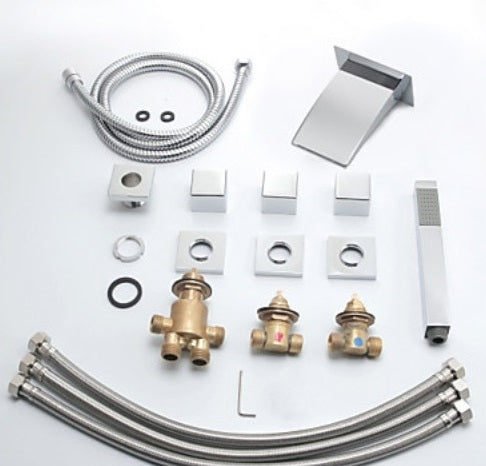 Beautiful Square Handle LED Widespread Bathroom Bathtub Faucet with Hand Held Shower 