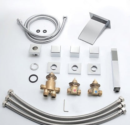 Beautiful Square Handle LED Widespread Bathroom Bathtub Faucet with Hand Held Shower 