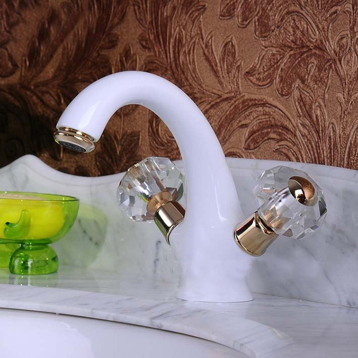 Beautiful White Crystal Double Handle Bathroom Sink Faucet