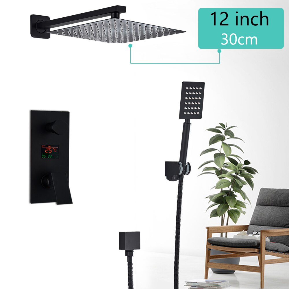 Juno Unique Matte Black Rainfall Shower Head With Digital Mixer & Tub Spout Faucet Set