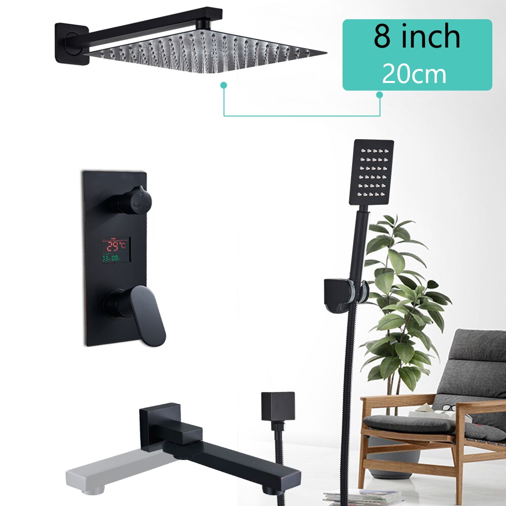 Juno Unique Matte Black Rainfall Shower Head With Digital Mixer & Tub Spout Faucet Set