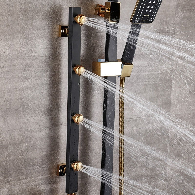 Juno Black & Gold Rainfall Shower Head Wall Mount Modern Bidet Shower Shelf