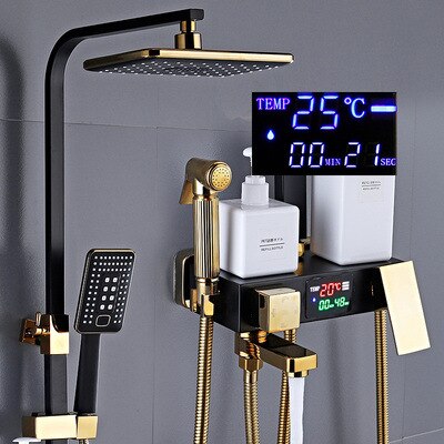 Juno Featured Black & Gold Rain Shower System Thermostatic LED Digital Display Mixer With Tub Spout & Handheld Shower