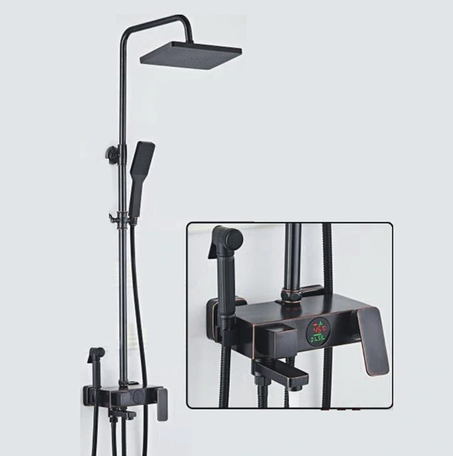 Juno Stylish Pure Black Rain Thermostatic LED Digital Display Mixer Shower System With Tub Spout & Handheld Shower