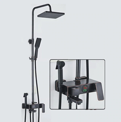 Juno Stylish Pure Black Rain Thermostatic LED Digital Display Mixer Shower System With Tub Spout & Handheld Shower