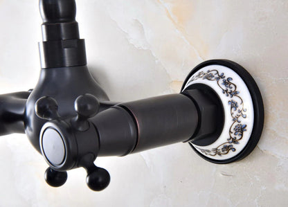 Juno Contemporary Black Brass Short Swivel Wall Mount Dual Cross Handles Kitchen Sink Faucet