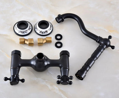 Juno Contemporary Black Brass Wall Mount Dual Cross Handles Kitchen Sink Faucet