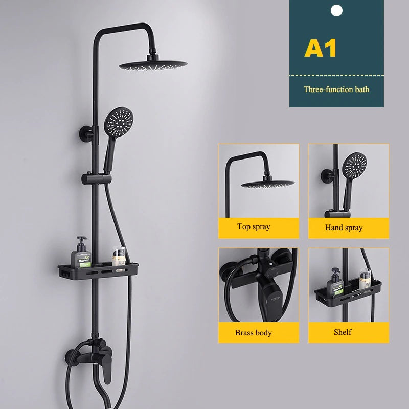 Juno New Black Three Way Rainfall Shower Head Copper Thermostatic Shower Set