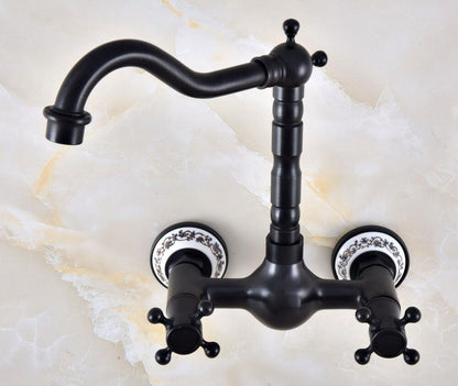 Juno Contemporary Black Brass Wall Mount Dual Cross Handles Kitchen Sink Faucet