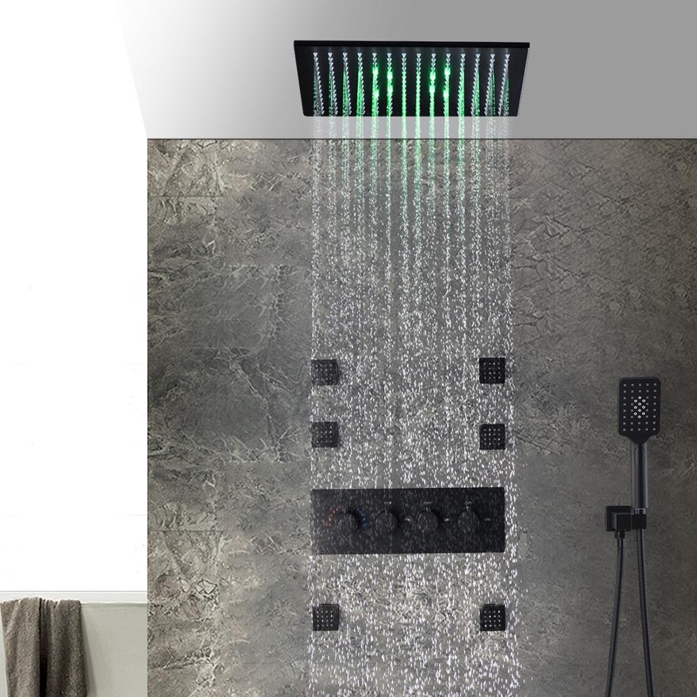 Juno Concealed 3 Functions Black LED Shower Head with 4 Inch Body Jets