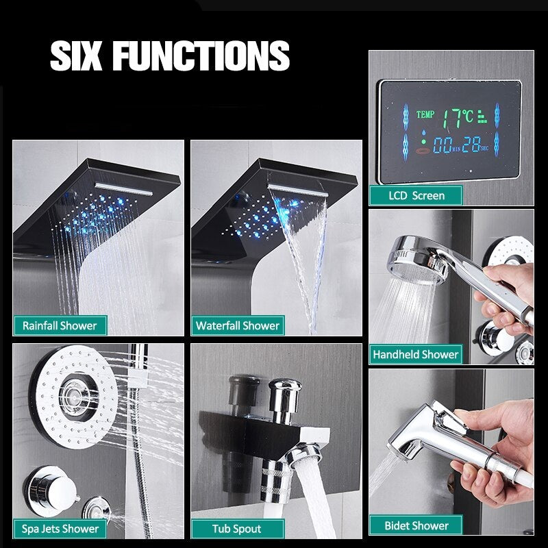 Juno New LED 6 Function Shower Panel Digital Display LED Rain Shower Panel 2 Way Body Jet Black Shower Spa