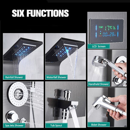 Juno New LED 6 Function Shower Panel Digital Display LED Rain Shower Panel 2 Way Body Jet Black Shower Spa