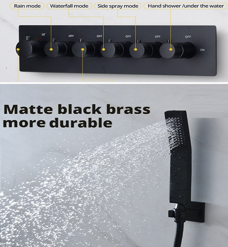 Juno Luxury LED Black Rain Shower Head 16 Inch Musical Ceiling Mount with Body Jets