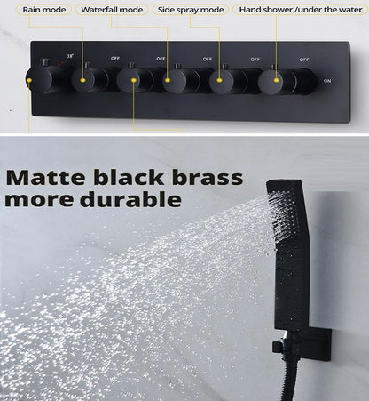 Juno Luxury LED Black Rain Shower Head 16 Inch Musical Ceiling Mount with Body Jets