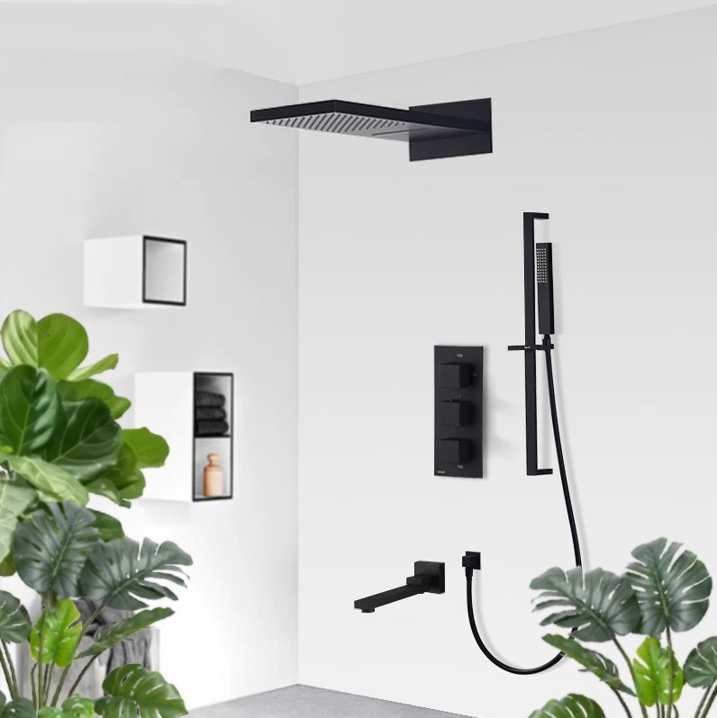 Juno Matte Black Thermostatic Rainfall Waterfall Shower Faucet With Slide Bar