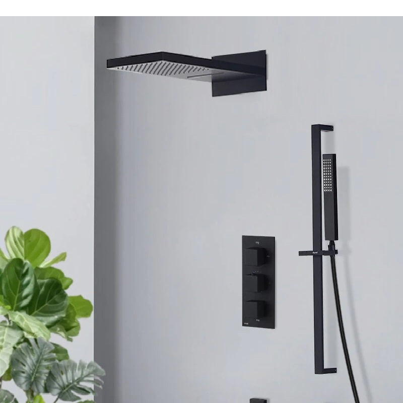 Juno Matte Black Thermostatic Rainfall Waterfall Shower Faucet With Slide Bar