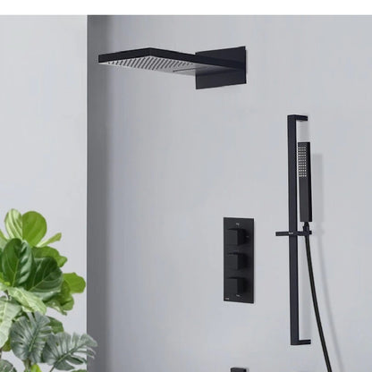 Juno Matte Black Thermostatic Rainfall Waterfall Shower Faucet With Slide Bar