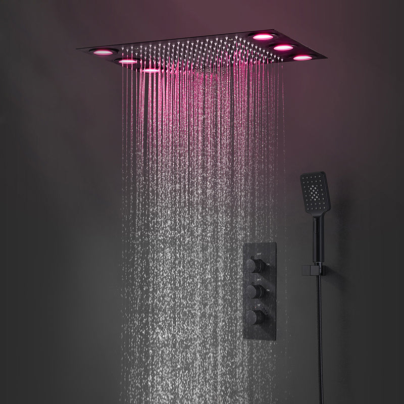 Juno Luxury Matte Black Rainfall 20 Inch Ceiling Mount LED 3 Function Square Showerhead