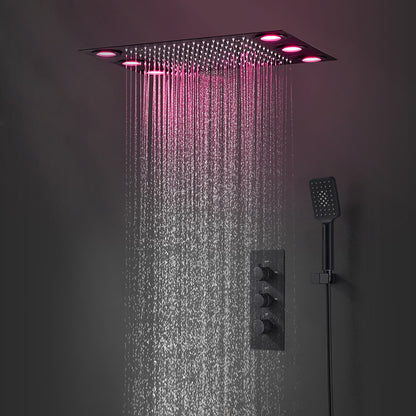 Juno Luxury Matte Black Rainfall 20 Inch Ceiling Mount LED 3 Function Square Showerhead
