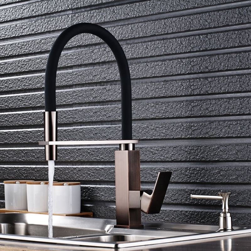 Black Square Base Single Handle Kitchen Faucet with Soap Dispenser