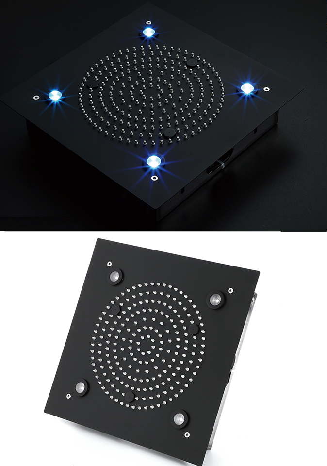 Juno 4 Function Ceiling Mount Black LED Shower Head with 6 Body Shower Jets