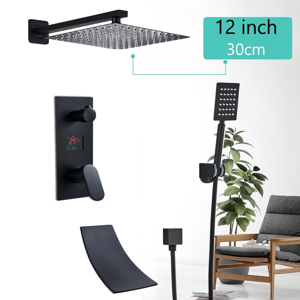 Juno Unique Matte Black Rainfall Shower Head With Digital Mixer & Tub Spout Faucet Set