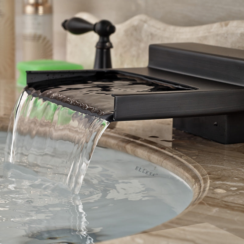 Black Widespread Waterfall Dual Handle Bathroom Sink Faucet