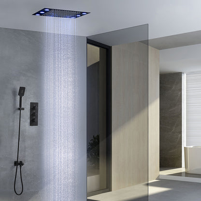 Juno Luxury Matte Black Rainfall 20 Inch Ceiling Mount LED 3 Function Square Showerhead