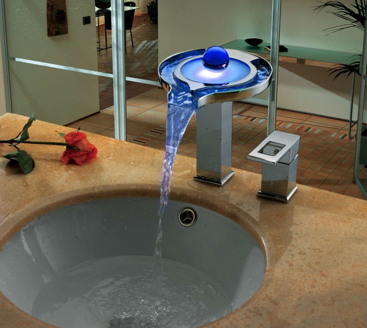 Brass Chrome Finish Round LED Waterfall Bathroom Sink Faucet