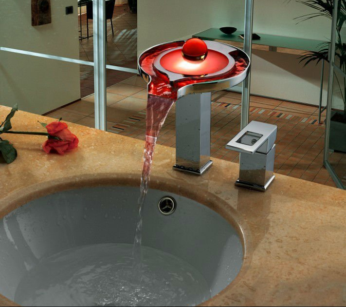 Brass Chrome Finish Round LED Waterfall Bathroom Sink Faucet