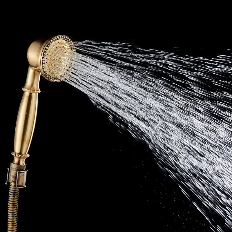 Juno Wall Antique Brass Shower Head With Handheld Shower and Single Handle Mixer Valve