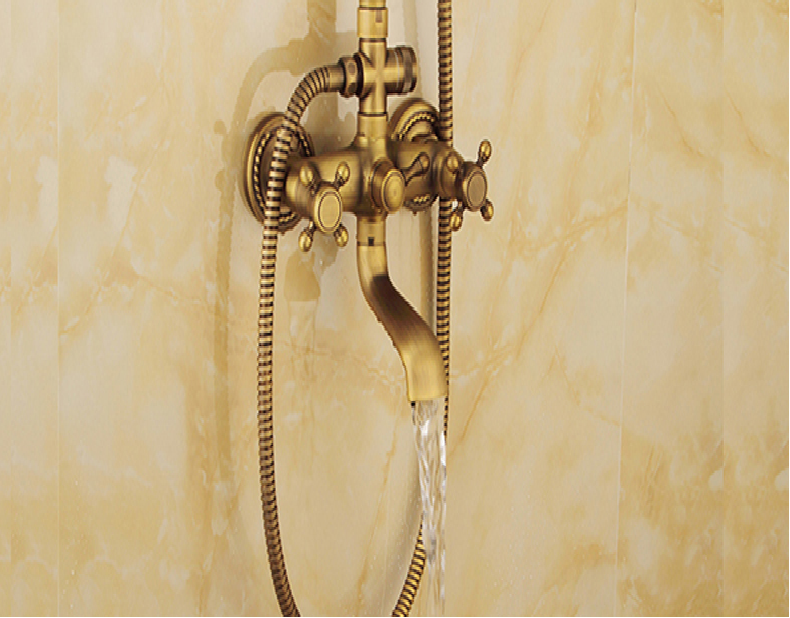 Juno 8 inch Antique Brushed Brass Shower Head Wall Mount Mixing Valve and Handheld Shower Set