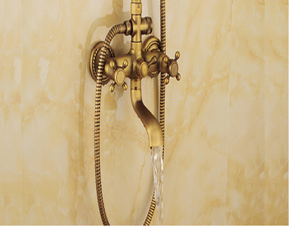 Juno 8 inch Antique Brushed Brass Shower Head Wall Mount Mixing Valve and Handheld Shower Set