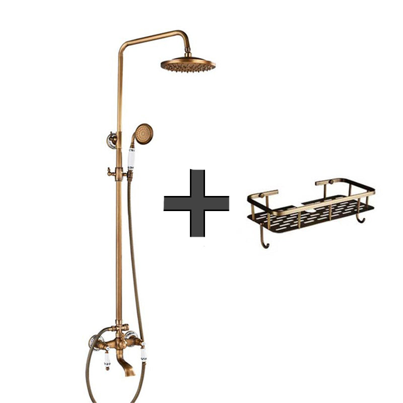 Combo Polished Brass Dual Shower Head With Hand Held Bathtub Shower Set and Shower Shelf