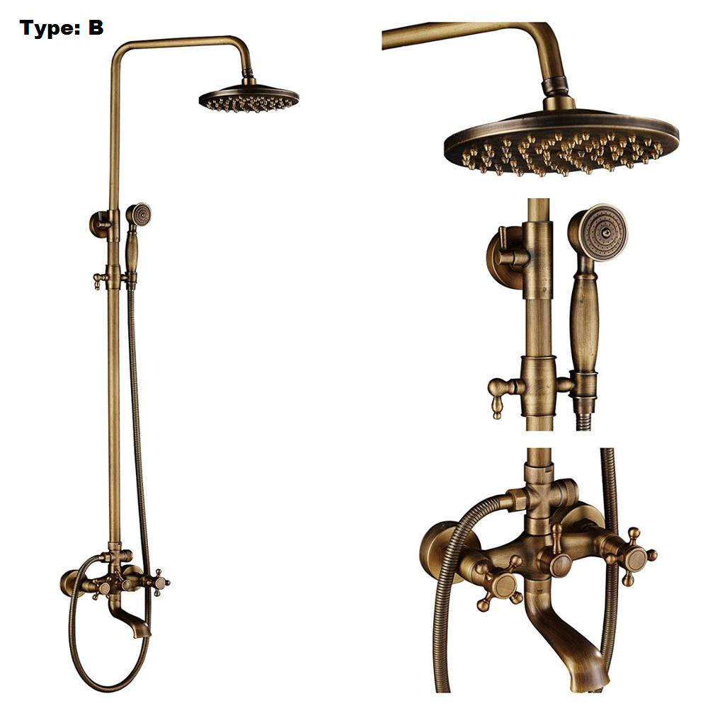 Juno Antique Brass Rainfall Dual Handle Mixer Faucet With Telephone Style Handheld Shower

