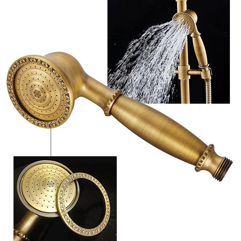 Juno Wall Antique Brass Shower Head With Handheld Shower and Single Handle Mixer Valve